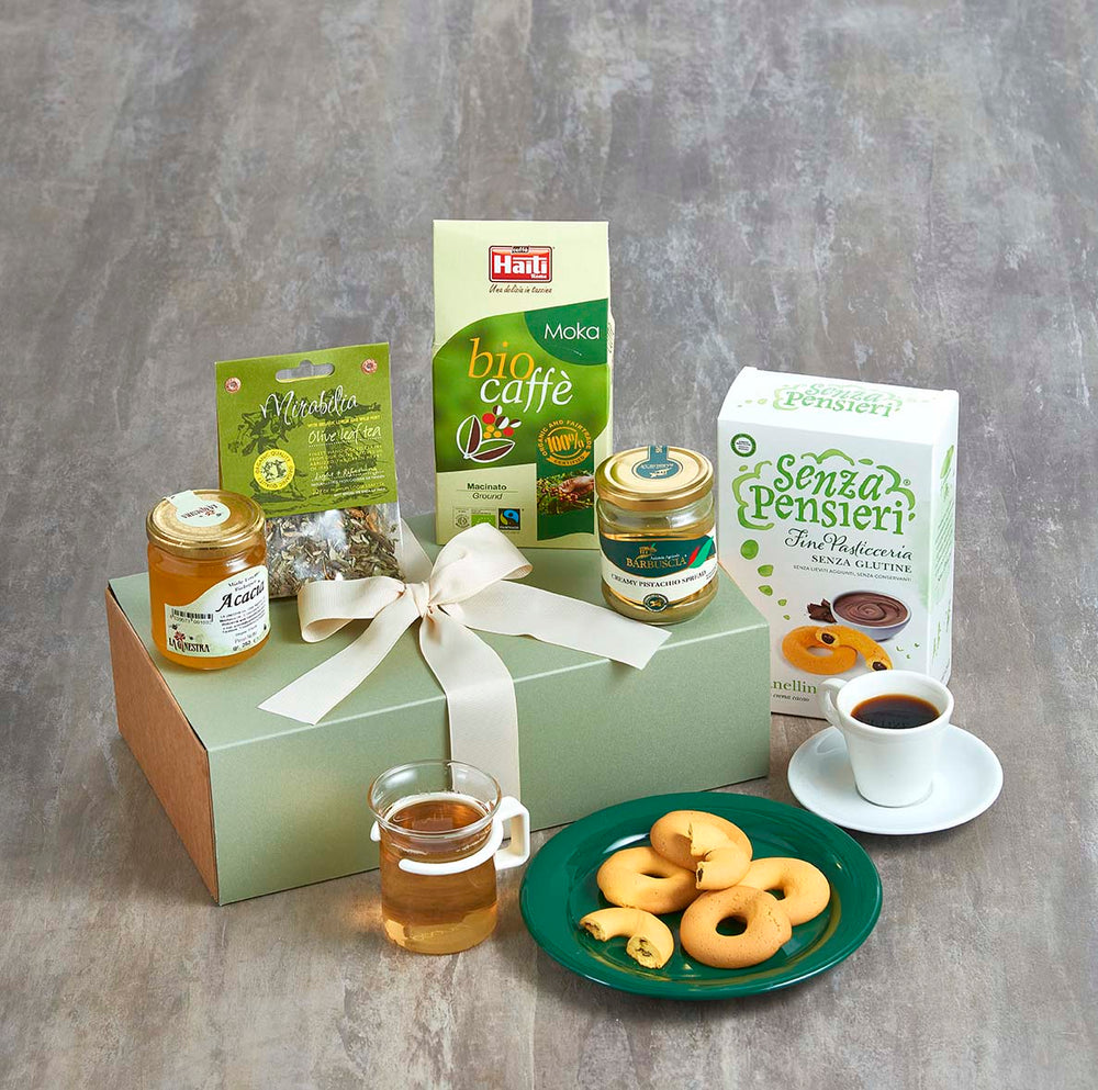 italian breakfast goodies hamper with cookies and coffee